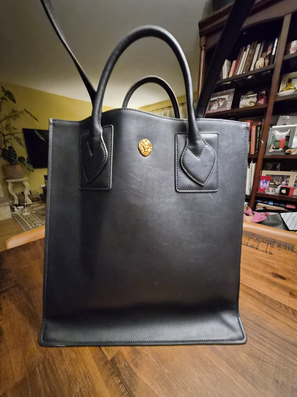 Anne Klein Black Leather Tote Bag with Gold Lion Accent - Men's Bag